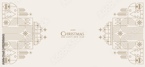 Minimalist Christmas background with geometric line art ornaments, trees, and gifts in gold tones, ideal for festive banners, greeting cards, and seasonal branding.