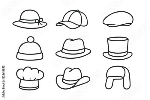Headwear styles outline icons set including fedora, top hat, baseball cap, and chef's toque
