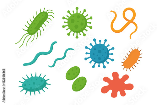 Diverse collection of microscopic germs, bacteria, and viruses causing illness