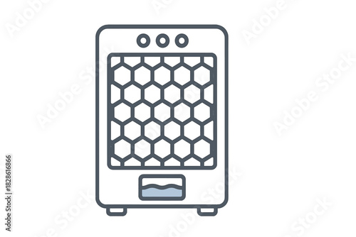 Minimalist outline drawing of a portable evaporative air cooler appliance used for personal climate control