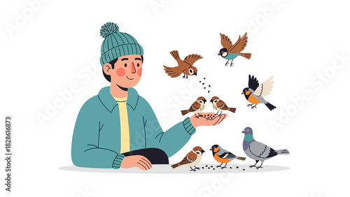 Person feeding various birds with seeds, a heartwarming scene of nature interaction and care