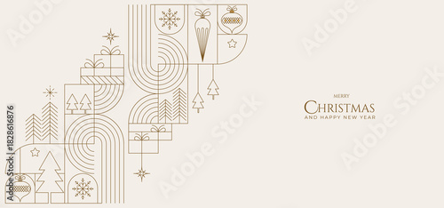 Minimalist Christmas background with geometric line art ornaments, trees, and gifts in gold tones, ideal for festive banners, greeting cards, and seasonal branding.