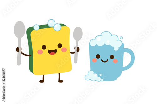 Cute cartoon sponge character holding spoons standing next to a happy blue mug filled with soap suds