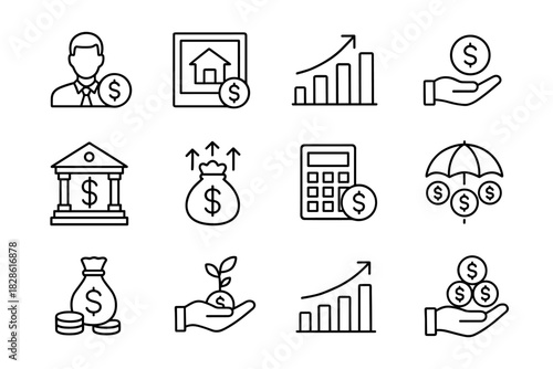 Set of outline symbols representing financial investment, banking, economic growth, and money management concepts
