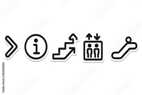 Essential public navigation and accessibility symbols for information, stairs, elevator, and escalator