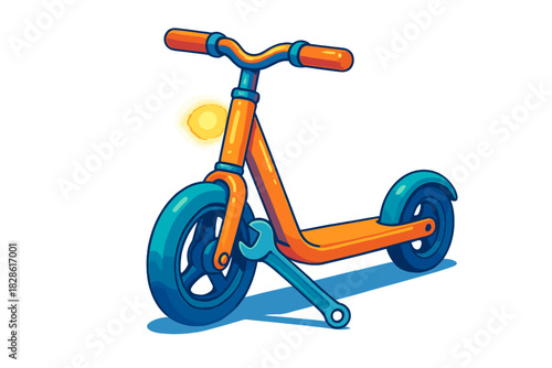 Bright orange and blue kick scooter maintenance with a wrench tool on a sunny background