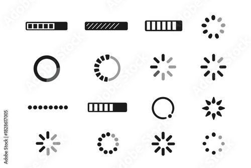 Loading progress bar and circular spinning indicator icons for user interface design