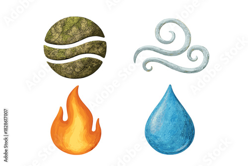 Four classical elements symbols representing nature, energy, and fundamental forces