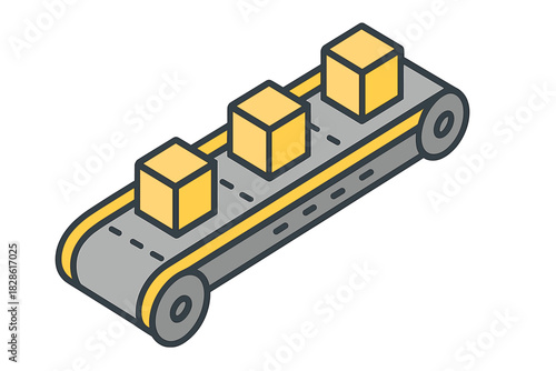 Automated conveyor belt system moving three packages in a factory or warehouse setting