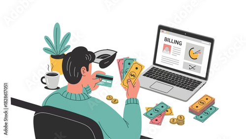 Man Paying Bills Online, Using a Credit Card and Cash, with Laptop and Finances Concept