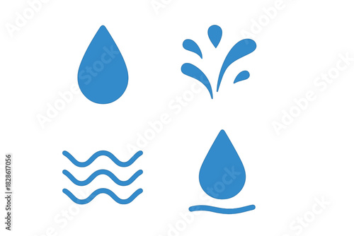 Set of minimalist blue water drop splash and wave symbols representing liquid purity