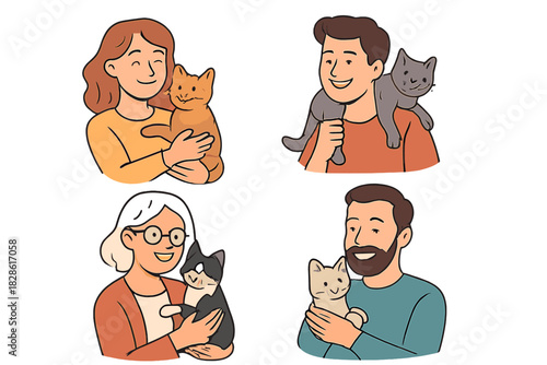 Diverse people holding and interacting with pet cats and kittens