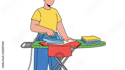 Vector illustration of a person doing household chores, ironing clothes on an ironing board with a stack of laundry
