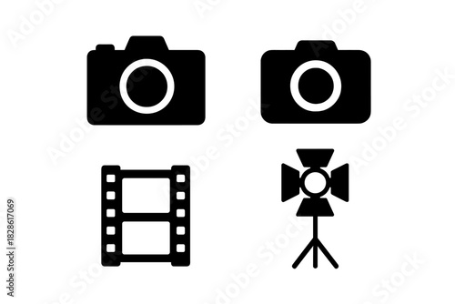 Black and white symbols of cameras, film, and lighting equipment for media production