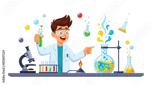 Young scientist conducting a colorful chemical experiment with a microscope and glassware