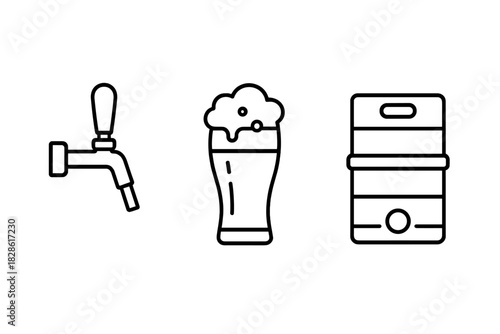 Essential elements of beer service including draft tap, full glass of beer, and metal keg container