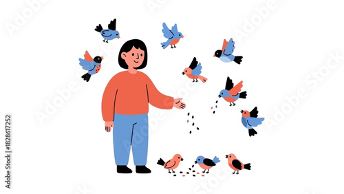 Person feeding birds, kindness concept with flat illustration, vector graphic design
