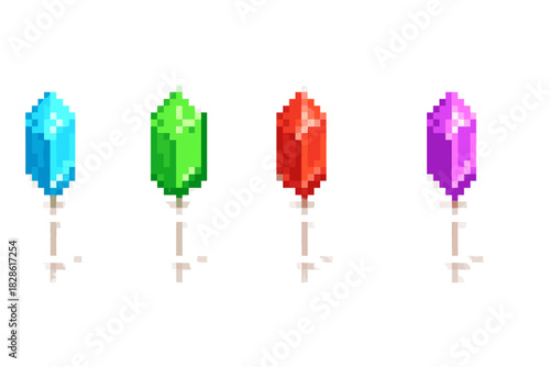 Set of colorful faceted pixel art gemstones used as collectible assets in retro video games