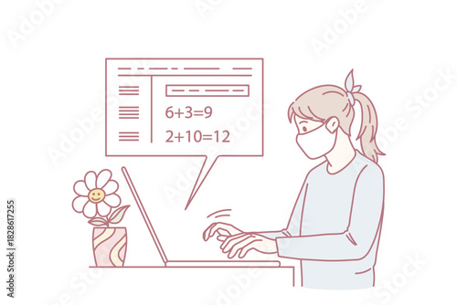 Sick girl in facemask study online on laptop at home quarantine. Ill child learner in facial mask have remote class on computer on lockdown. Distant education, covid-19. Flat vector illustration.