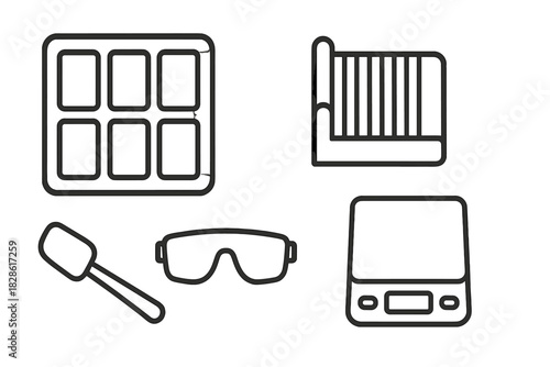 Kitchen and laboratory equipment icons set including scale spatula goggles and cooling rack