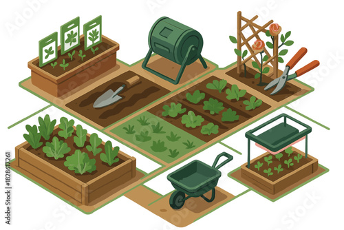 Organized backyard vegetable garden plot featuring raised beds and farming equipment