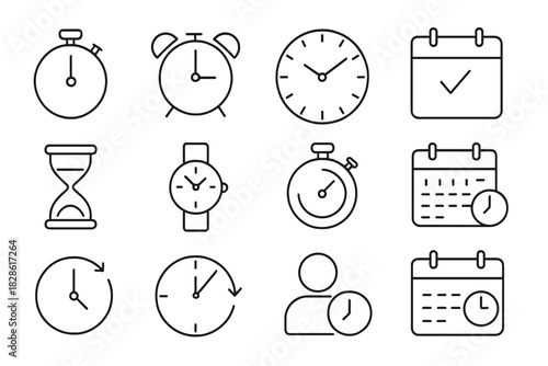 Outline icons set for time management scheduling deadlines and clock devices
