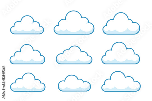 Set of nine different cartoon cloud shapes with blue outline and subtle light shading
