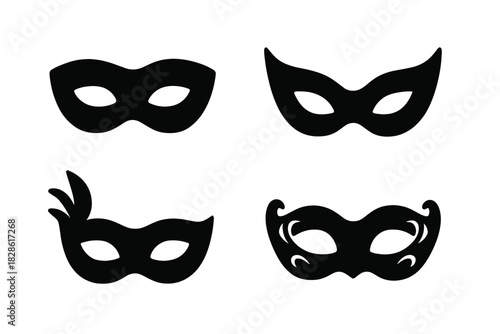 Four black silhouette masquerade eye masks for carnival party and mystery events