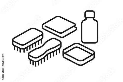 Isometric set of household cleaning tools: brushes, detergent bottle, and washing cloth