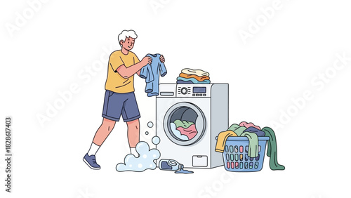 Man doing laundry, loading clothes into a washing machine with a basket full of laundry