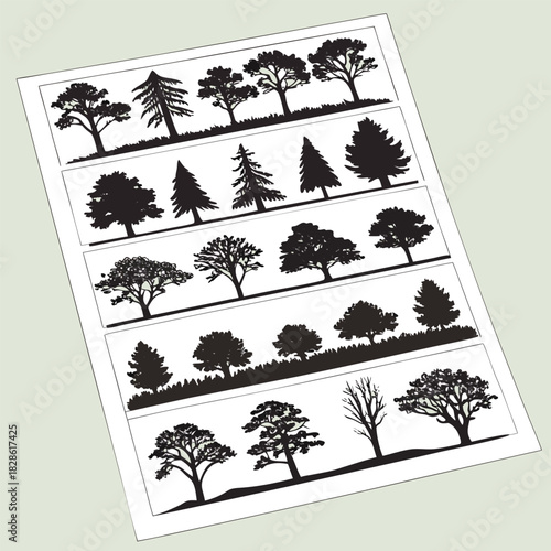 Assortment of Black Tree Silhouettes on Sloping Ground in Rectangular Panels nature landscape
