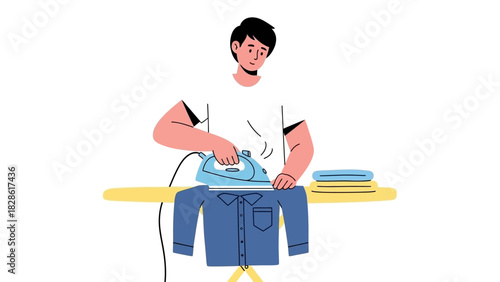 Young Man Engaged in Domestic Chores, Diligently Ironing a Shirt on an Ironing Board at Home, Highlighting Daily Routine and Responsibility