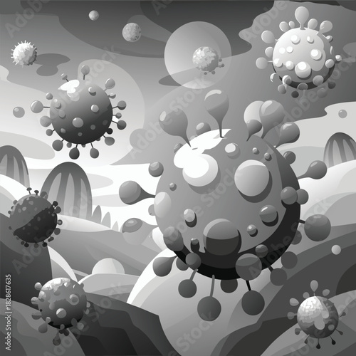Cartoon virus particles in a surreal grayscale landscape with hills Keywords: virus, cartoon, illustration, microscopic, germ, disease, pandemic