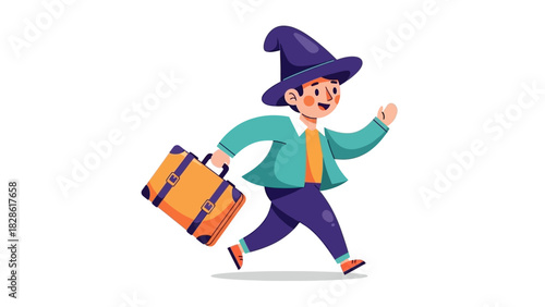 Cheerful Traveler Running with Suitcase A Whimsical Journey with a Touch of Magic