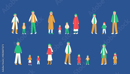 冬を過ごす家族のイラストセット