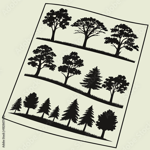 Collection of Black Tree Silhouettes on Sloping Ground on Paper nature landscape