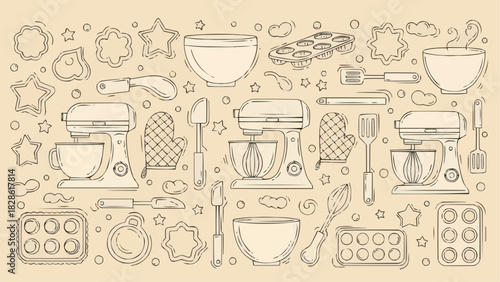 Line art illustration featuring baking tools and kitchenware such as mixers bowls and cookie cutters