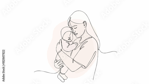 Continuous line drawing of a mother holding her baby with love and care in a minimalist style art