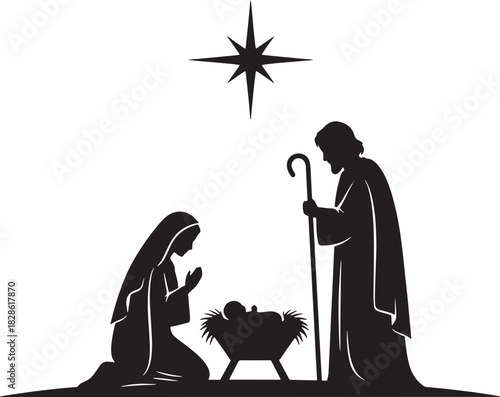 Black and White Holy Family Illustration – Joseph, Mary, and Baby Jesus