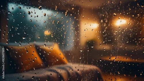 Raindrops on Window Pane with Blurred Cozy Interior Lights and Furniture image photo