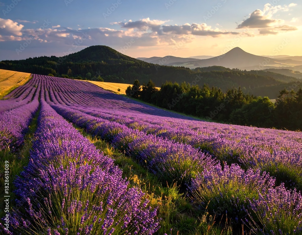 Fototapeta premium A vibrant field of purple lavender blooms, stretching toward distant mountains. The warm sunrise bathes the scene in golden light