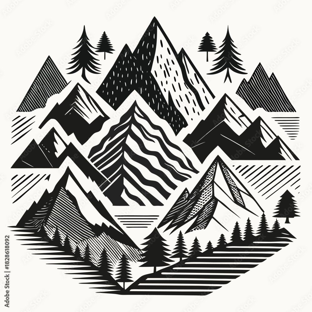 Obraz premium Geometric Abstract Mountain Landscape with Pine Trees in Black and White vector illustration