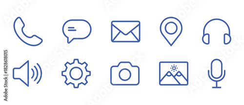 communication blue line icons set with phone message email location and media