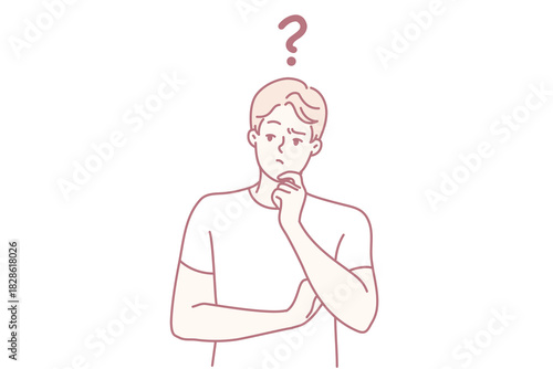 individual displaying confusion while evaluating options amid doubt, man showing uncertainty and questioning thoughts during decisionmaking process with ambiguous feelings