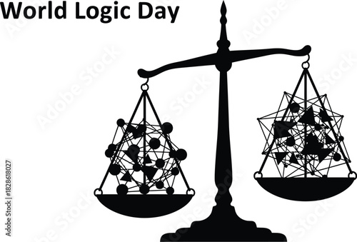 Black and illustration for world logic day showing a balance scale with abstract geometric shapes representing logic concepts in each pan