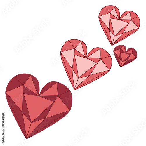 Four faceted ruby red heart-shaped gemstones on a white background Keywords: heart, gemstone, ruby, red, jewel, crystal, faceted, geometric, shape