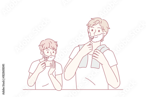 Happy caring young father teach teenage son shaving beard in home bathroom. Loving dad and teen child use razor for face care. Children growing up, upbringing. Fatherhood. Vector illustration.