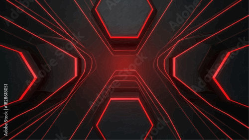 Abstract dark tunnel with red neon lights and geometric shapes creating a futuristic perspective view