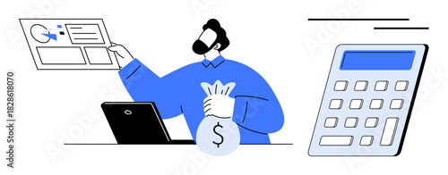 Person holding a money bag while analyzing data on a screen, laptop nearby, calculator on the side. Ideal for finance, analytics, planning, budgeting, decision-making accounting saving concepts. A