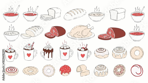 Illustration of various food items including soup bread meat poultry hot chocolate and pastries arranged neatly